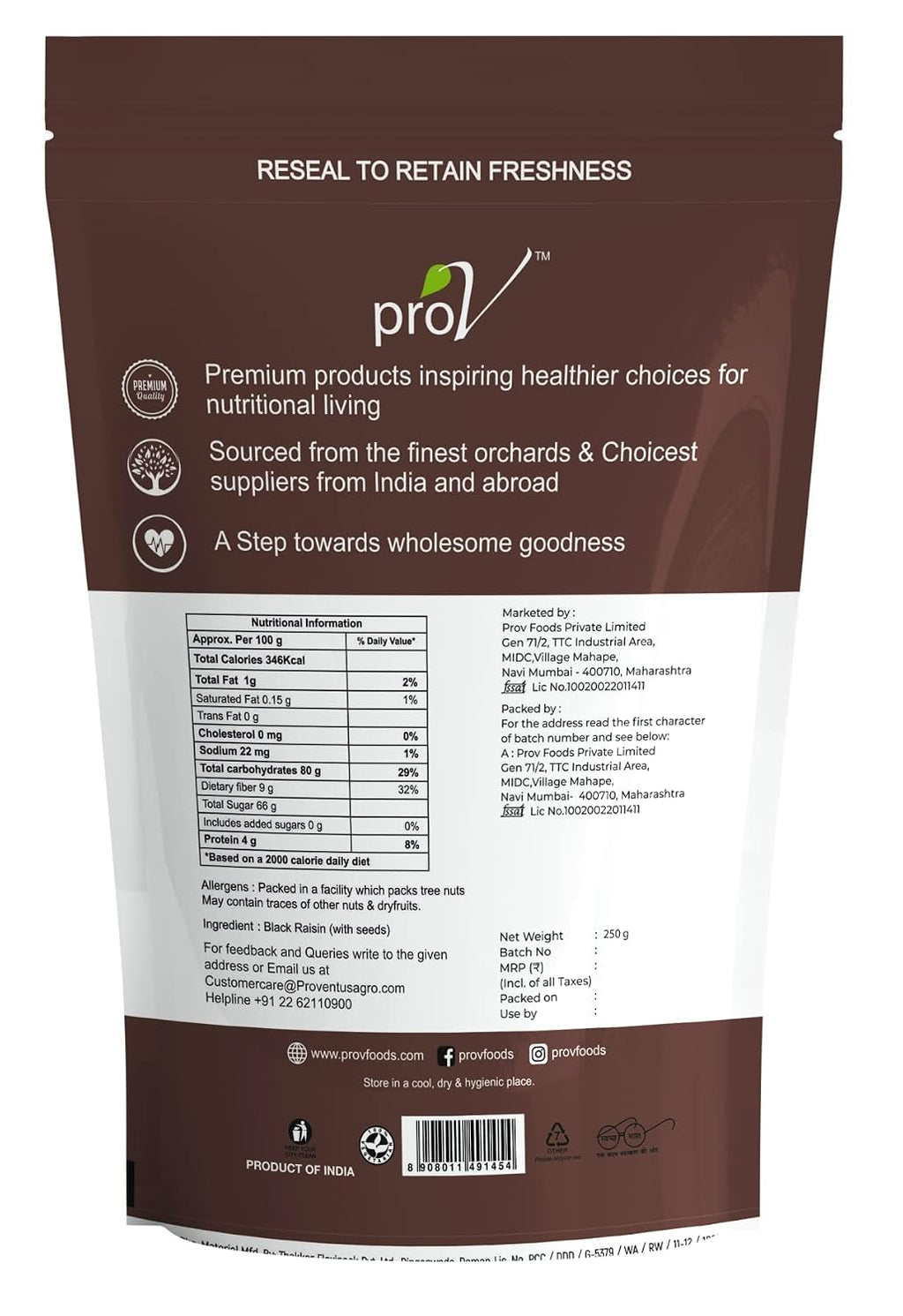 ProV Premium Black Raisins with Seed | Crunchy Center Kismis | Rich in Iron, Fiber & Antioxidants | Healthy Natural Dry Fruit | 250g