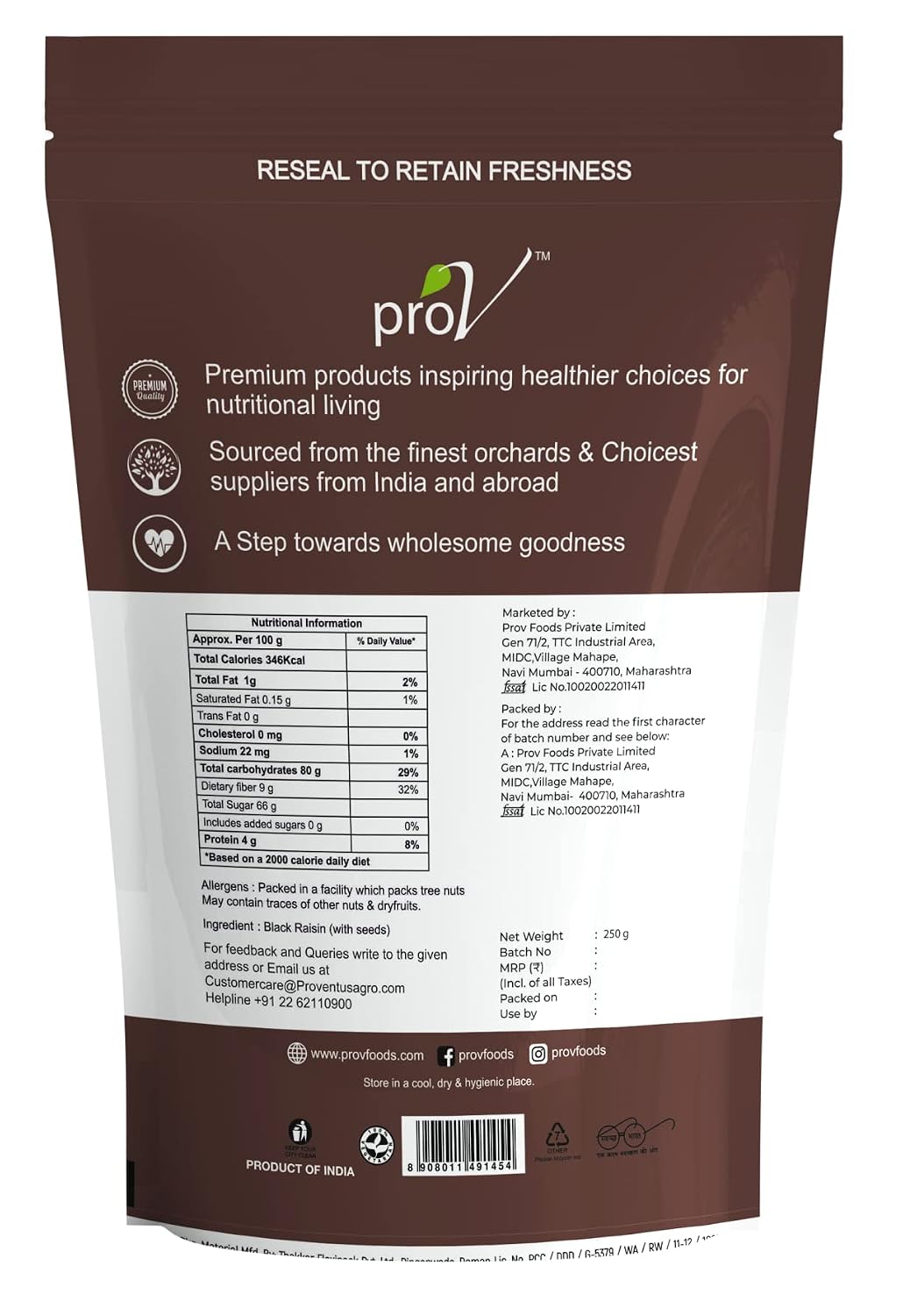 ProV Premium Black Raisins with Seed | Crunchy Center Kismis | Rich in Iron, Fiber & Antioxidants | Healthy Natural Dry Fruit | 250g