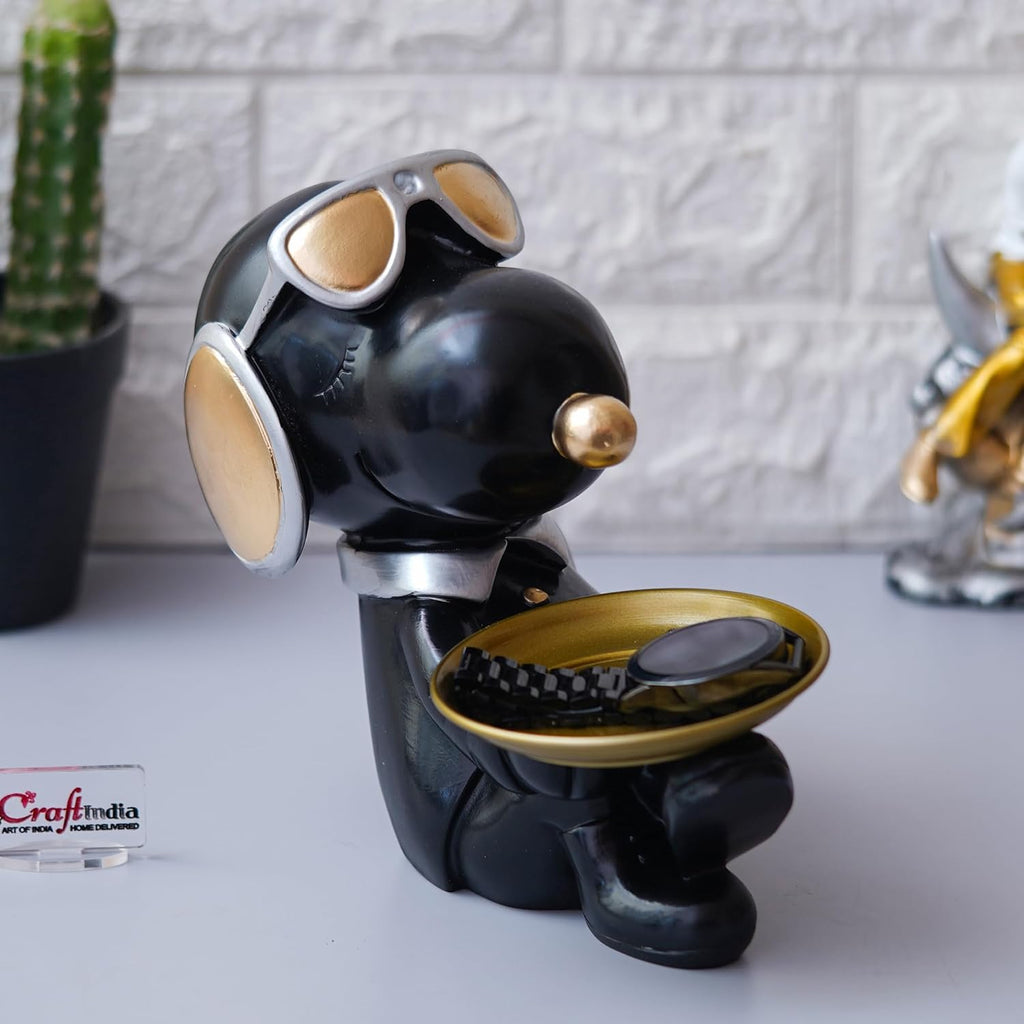 Ecraftindia Cute Balck Bull Dog Statue Sitting With Glasses and Headset Playing Whistle Decorative Animal Figurine