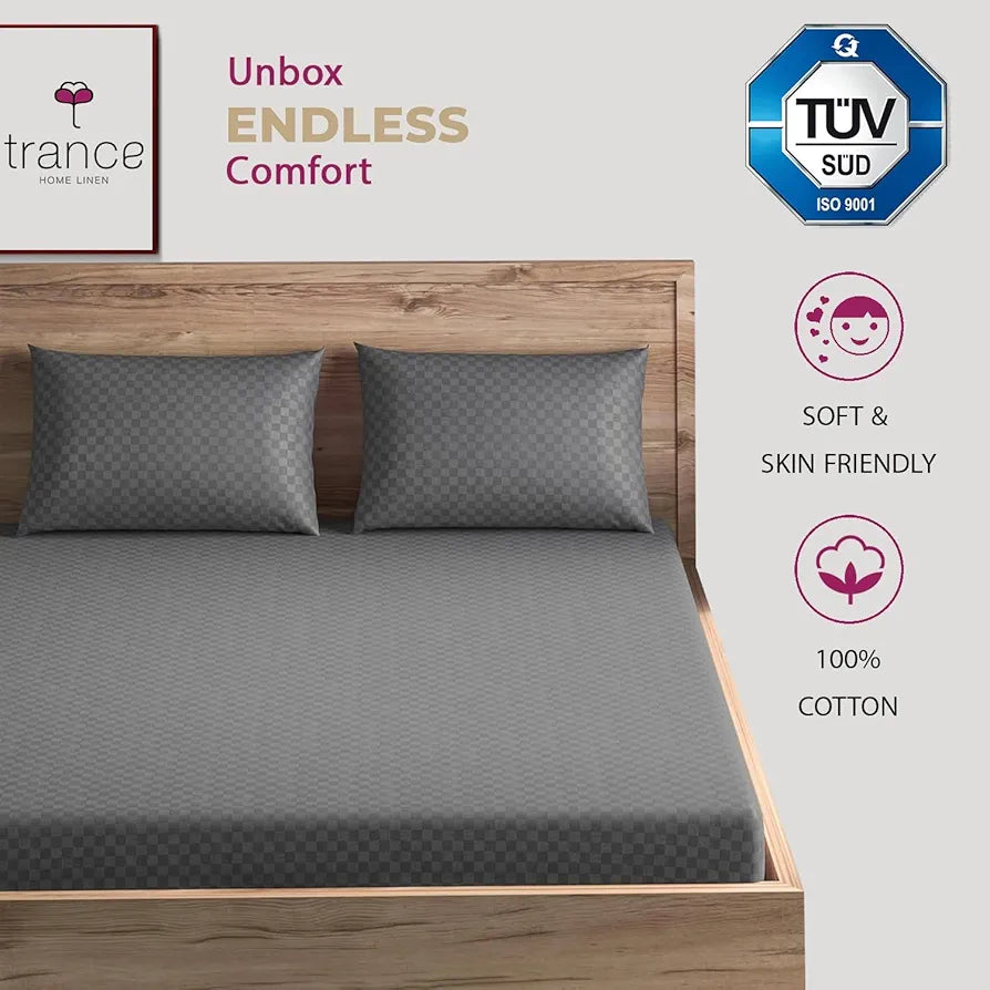 Trance Home Linen Skin Friendly 100% Cotton Jacquard Weave Fitted Bedsheet for Queen Size Bed with 2 Pillow Cover Premium 300TC Colour Dark Grey