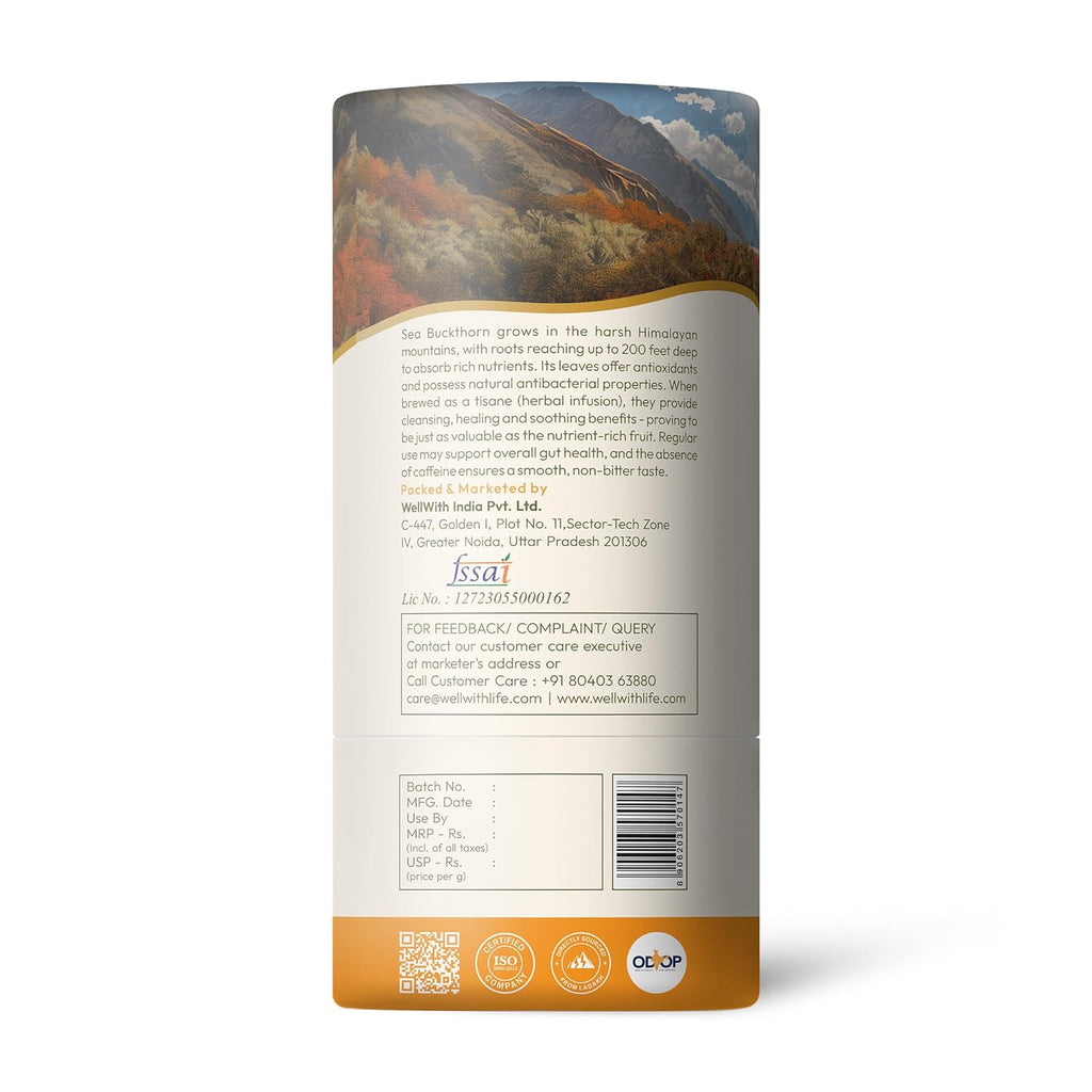 Wellwith by Ayuzera Sea Buckthorn Raw Leaves Tea, Good For Skin and Immunity, For a Healthy Lifestyle - Himalayan Seabuckthorn Herbal Leaf Tea - Pure & Natural (50g)