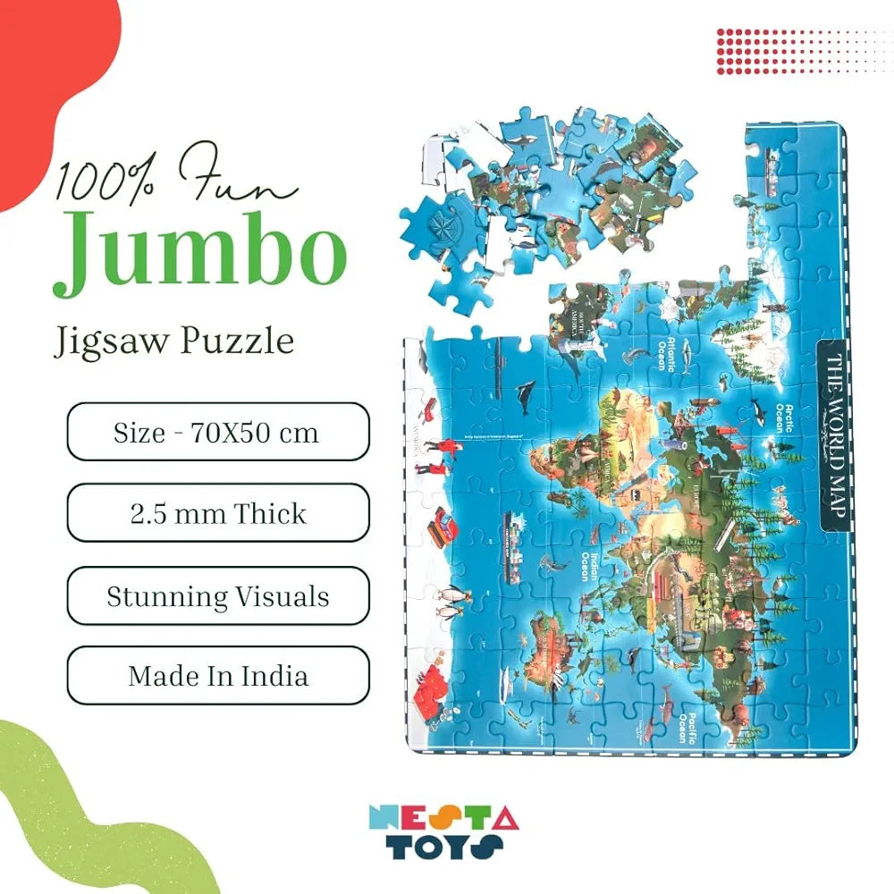 Nesta Toys Floor Puzzle & Game World Map Jigsaw Puzzle, Educational Toy Gifts for Boys & Girls Ages 6 to 14 Geography for Kids 108 pcs, 70 x 50 cm