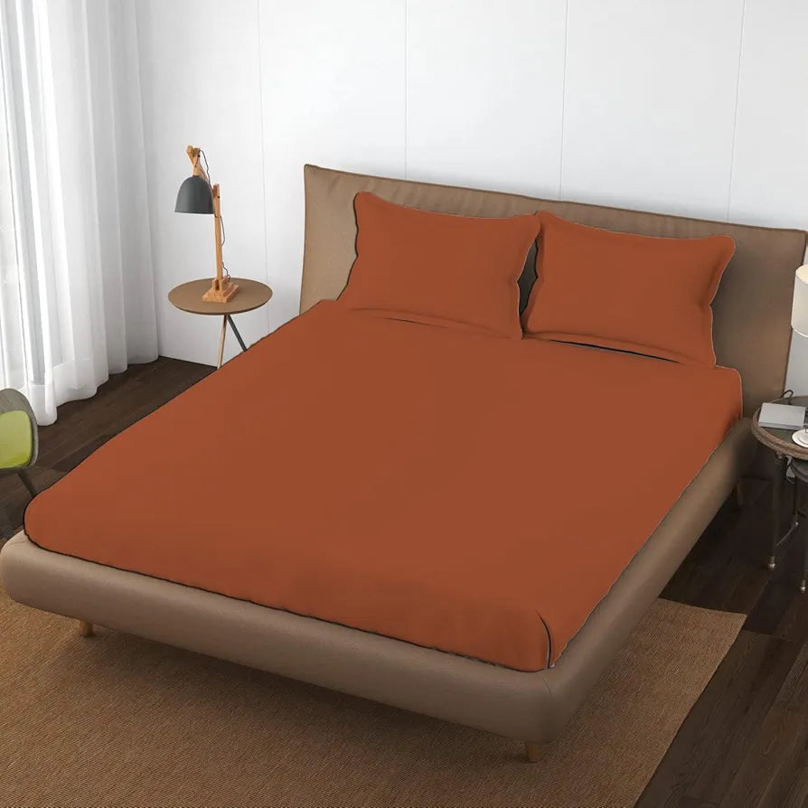 Trance Home Linen 100% Cotton 78 x 60 inch Queen Elastic Fitted Bedsheet 400TC Premium Queen Double Bed Size with 2 Pillow Covers Colour Burnt Orange