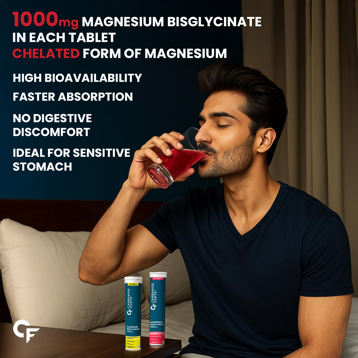 Carbamide Forte Magnesium Supplements Bisglycinate Effervescent Tablets 1000mg | Magnesium Glycinate Tablets | Supports Sleep, Muscle Cramp & Nerve Function - 2 X 20 Tablet - Lemon & Mixed Berry Flavour