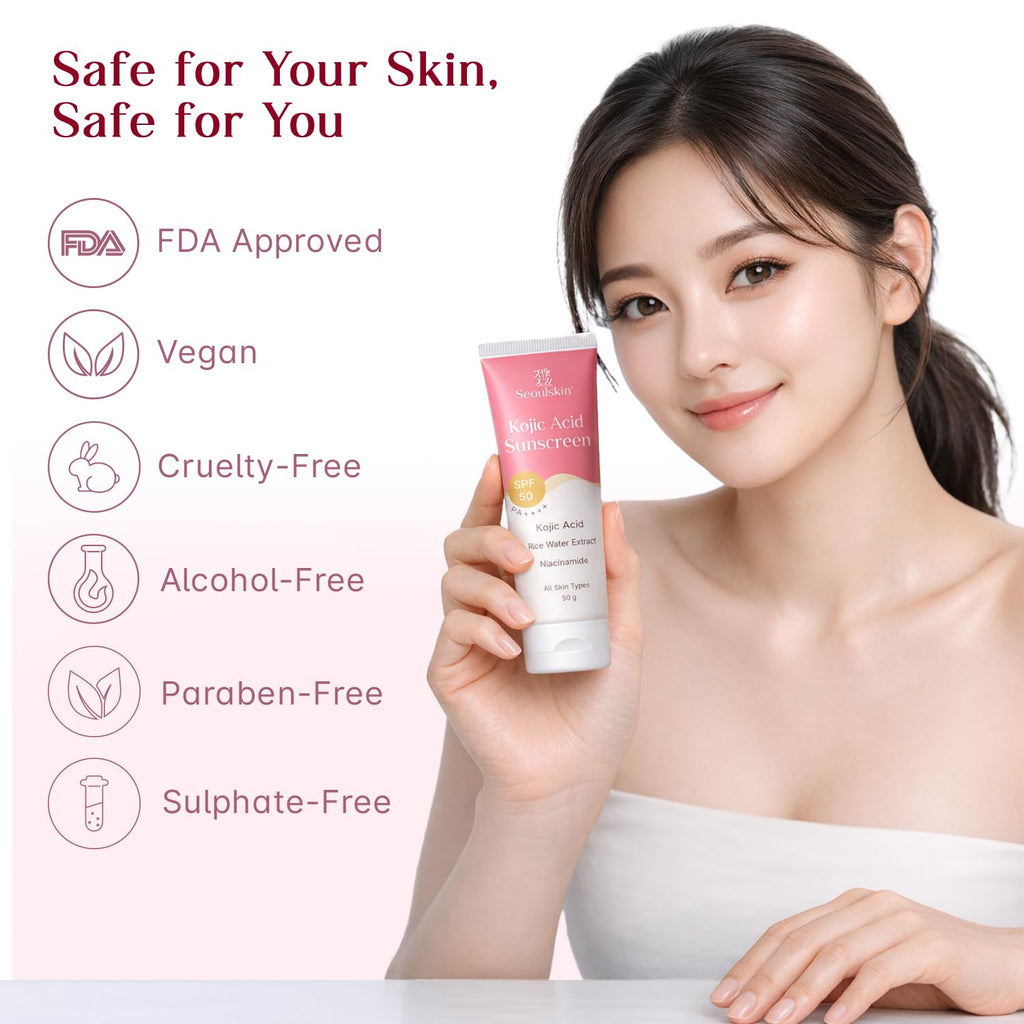 Seoulskin Kojic Acid Sunscreen SPF 50 PA ++++ | Helps Fade Dark Spots & Pigmentation | Non â€“ Sticky & Non- Greasy | No White Cast | Broad Spectrum UVA & UVB Protection | All Skin Types | For Men & Women | Lightweight Korean Sunscreen | 50 g