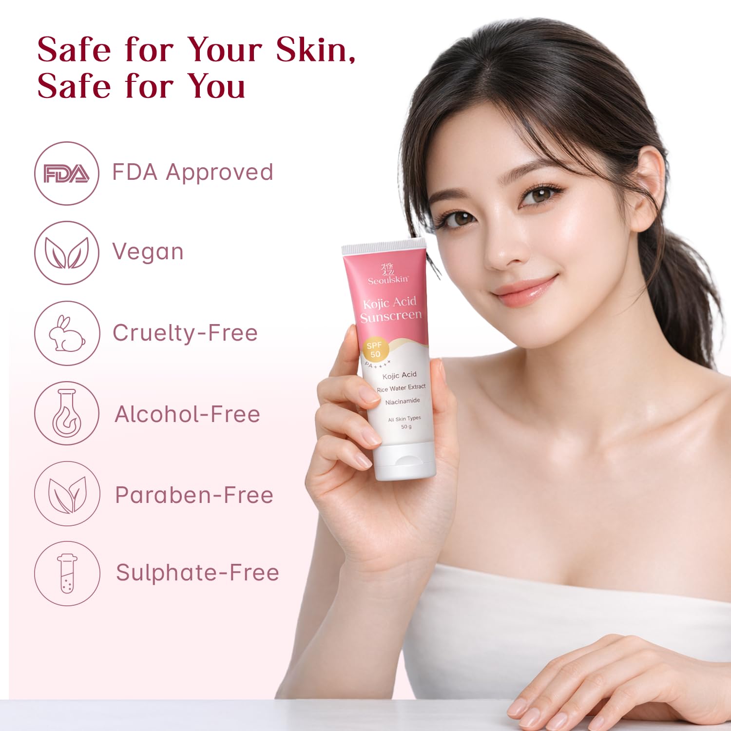 Seoulskin Kojic Acid Sunscreen SPF 50 PA ++++ | Helps Fade Dark Spots & Pigmentation | Non â€“ Sticky & Non- Greasy | No White Cast | Broad Spectrum UVA & UVB Protection | All Skin Types | For Men & Women | Lightweight Korean Sunscreen | 50 g