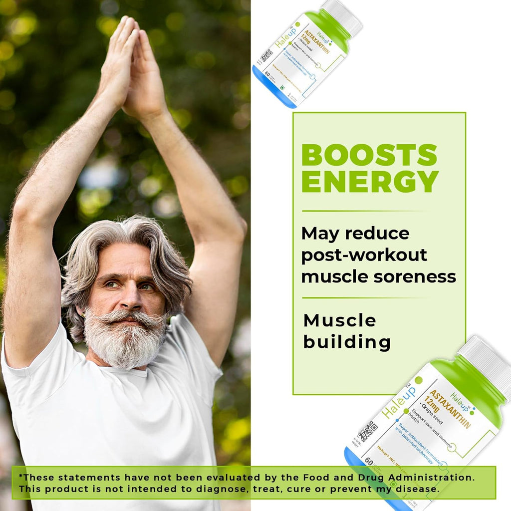 Haleup Plant Based Astaxanthin 12 mg with Grape Seed Supplement I 60 Veg Capsules I Supports Eye, Joint & Skin Health I Boosts Immune System