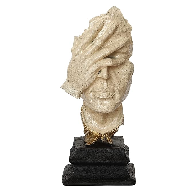 Ecraftindia White Antique Finish Man Hand on Face Handcrafted Decorative Polyresin Showpiece