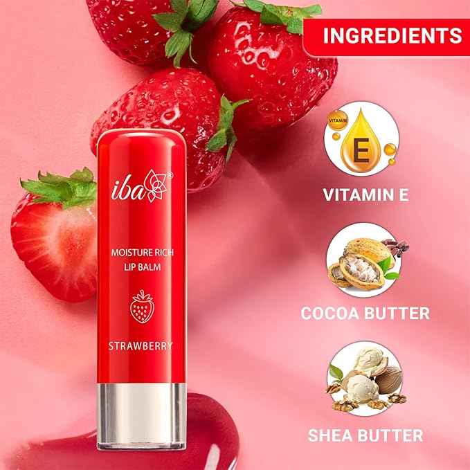 Iba Pure Lips Moisture Rich Lip Balm - Strawberry 4.5 Gms | for Pigmented Dry Damaged & Chapped Lips | Pack of 2