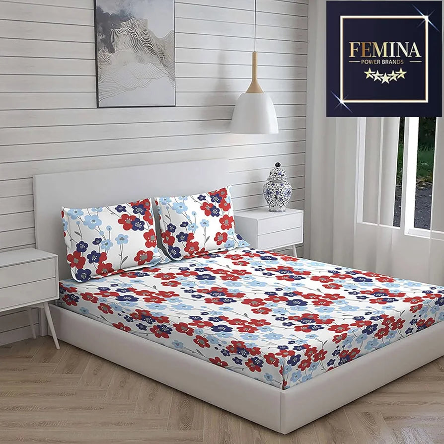 Layers California Cotton Bedsheet Set for All Seasons Lightweight 225 CVC King Size Maroon Blue Floral Pattern