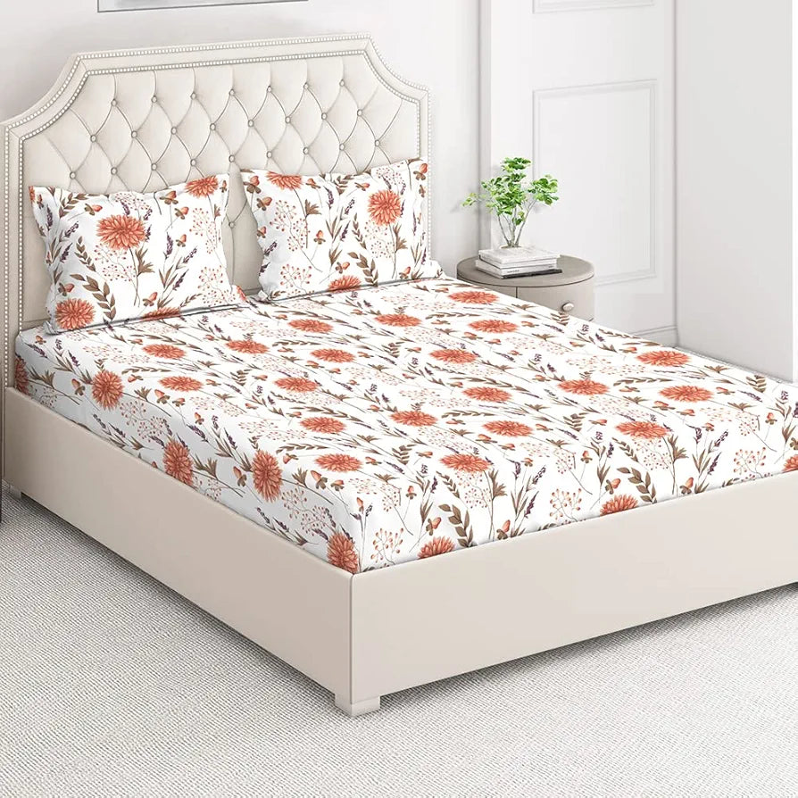 Layers Marigold Cotton Bedsheet Set for All Seasons Lightweight Moisture Absorbent 144 TC King Size White/Persian Red