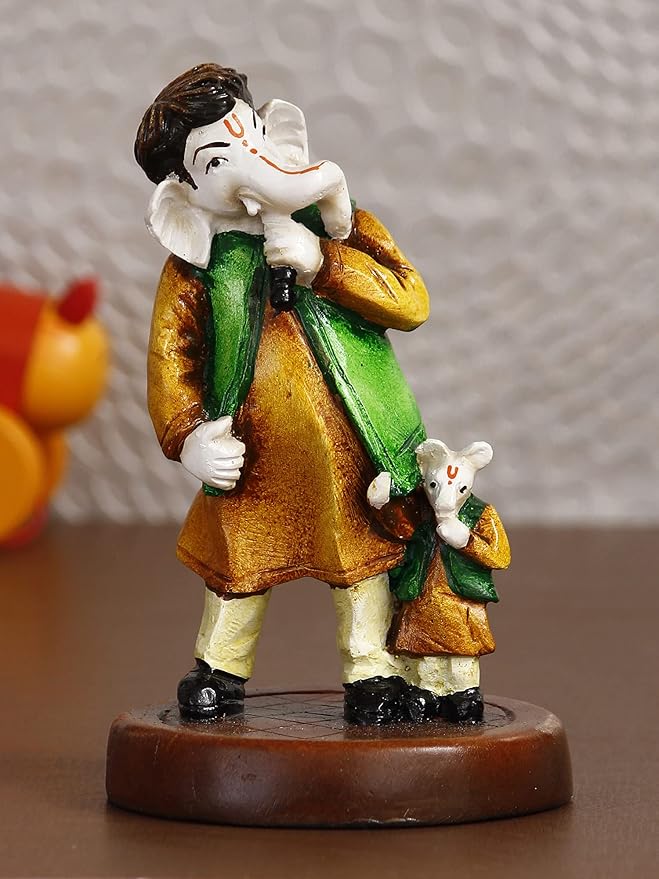 Ecraftindia Handcrafted Polyresin Lord Ganesha Idol Singing With Mushak Statue Decorative Showpiece Perfect for Music Lovers