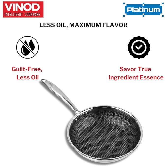 Vinod Platinum Triply Stainless Steel X Fry Pan 20 cm |Honeycomb Pattern Design Inside