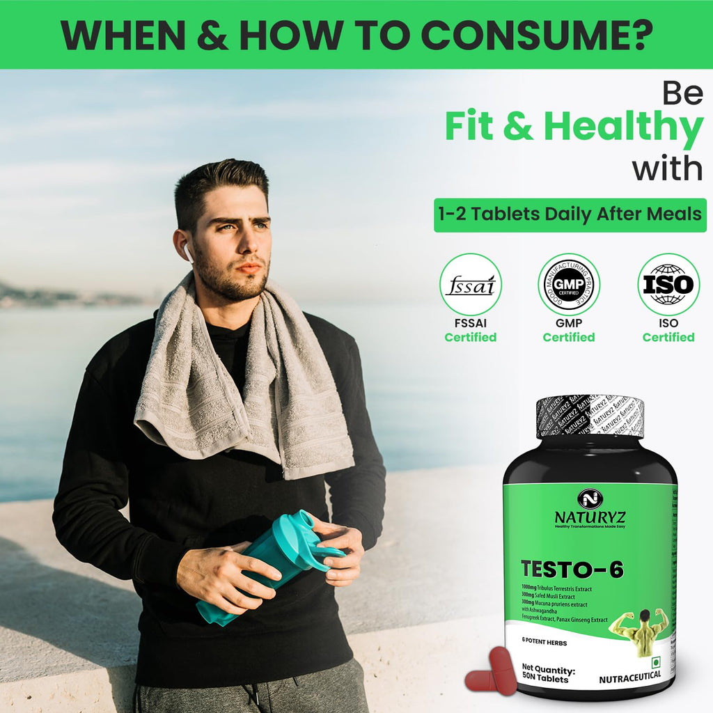 Naturyz Testo-6 Plant based Supplement For Men 2100mg per serving with Maximum Strength 1000mg Tribulus Terrestris, Safed Musli, Kaunj, Ashwagandha, Fenugreek & Panax Ginseng for Muscle gain, Stamina & Strength - 50 Tablets