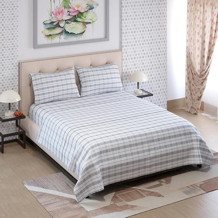 Layers Tivoli Cotton Bedsheet Set for All Seasons Lightweight 104 TC Queen Size Beige/Blue Color