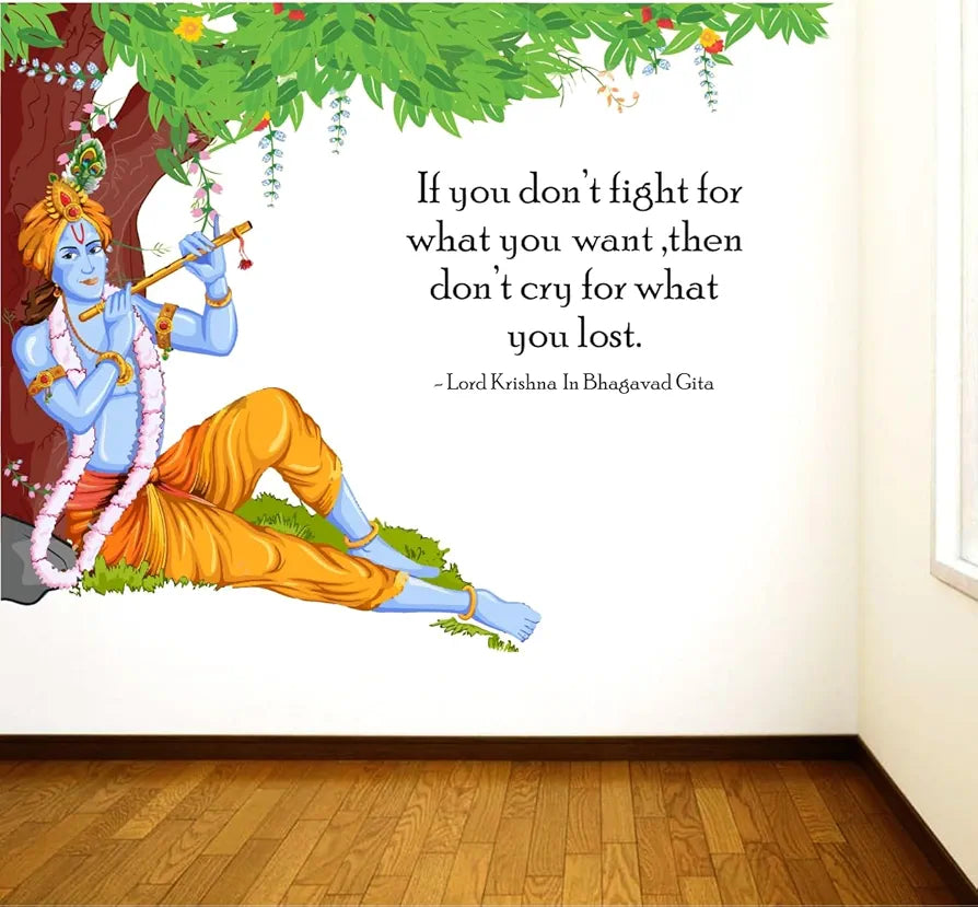 Rawpockets Decals Lord Krishna Flute Bhagavad Gita Quote Extra Large Size Wall Sticker