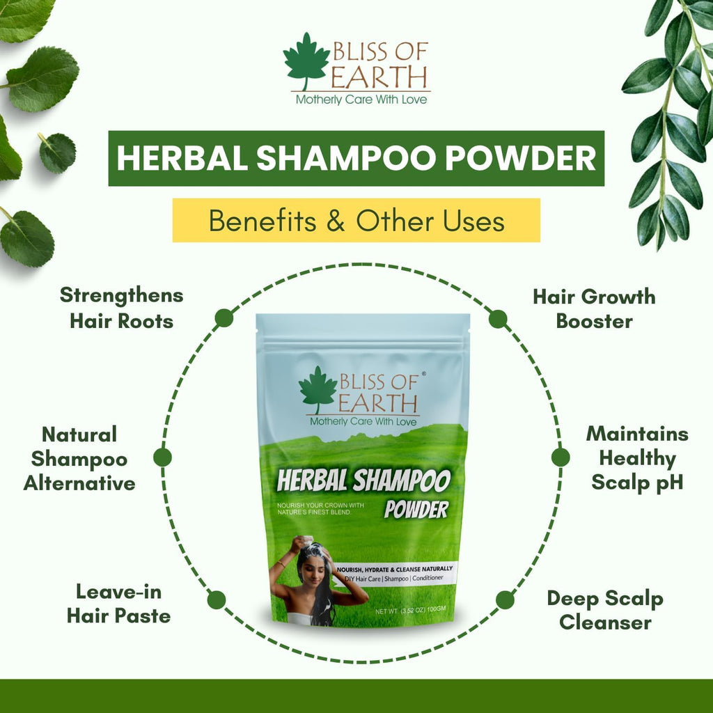 BLISS OF EARTH Powder Shampoo for Hair with Amla, Reetha, Shikakai, Bhringraj & Jatamansi | Ayurvedic Herbal Cleanser for Hair Wash, Growth & Care | Sulfate-Free, 100g Shampoo Powder