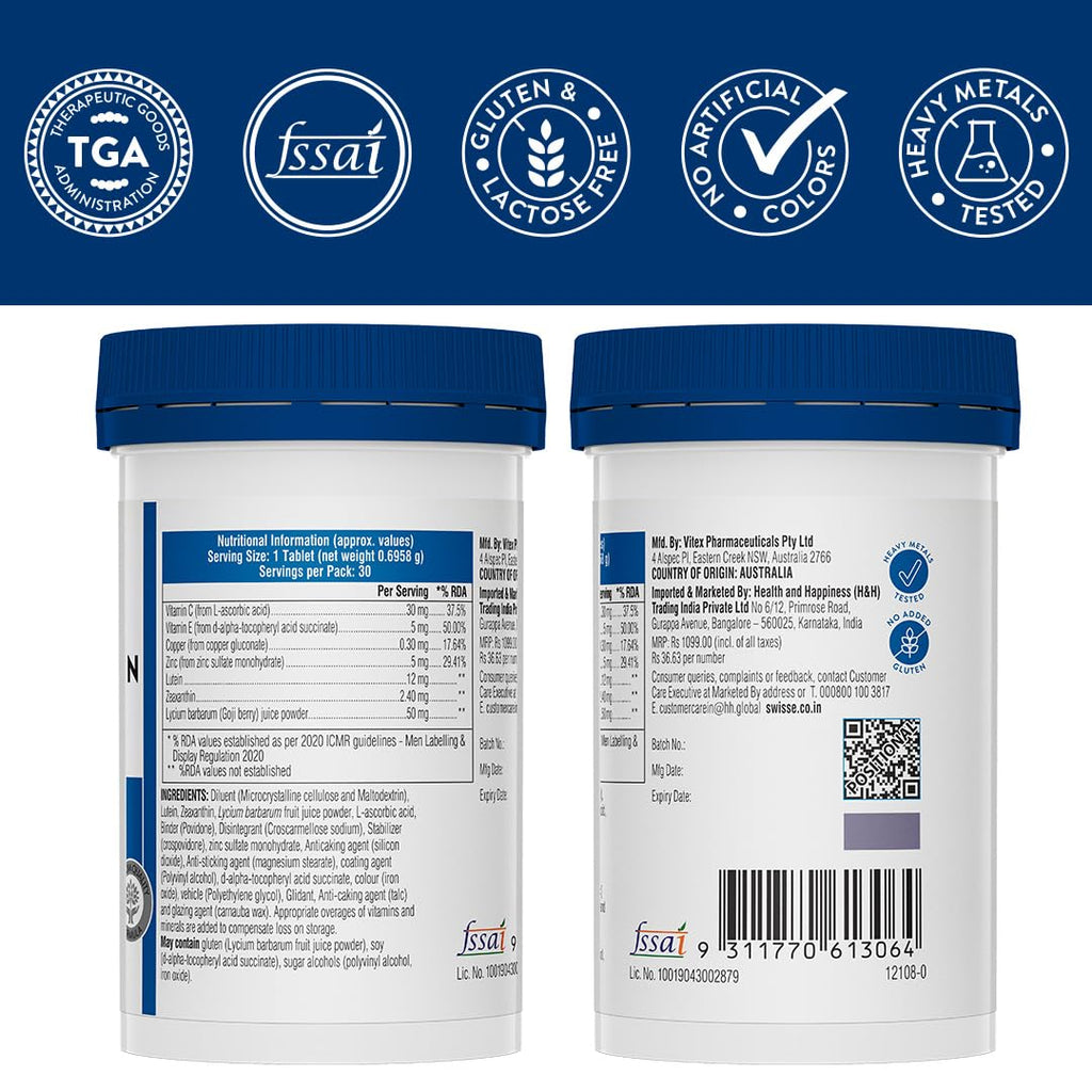 Swisse Eye Health+ with Lutein & Zeaxanthin for Healthy Vision Support, Reduces Digital Strain & Fatigue From High Screen Time - 30 Tablets