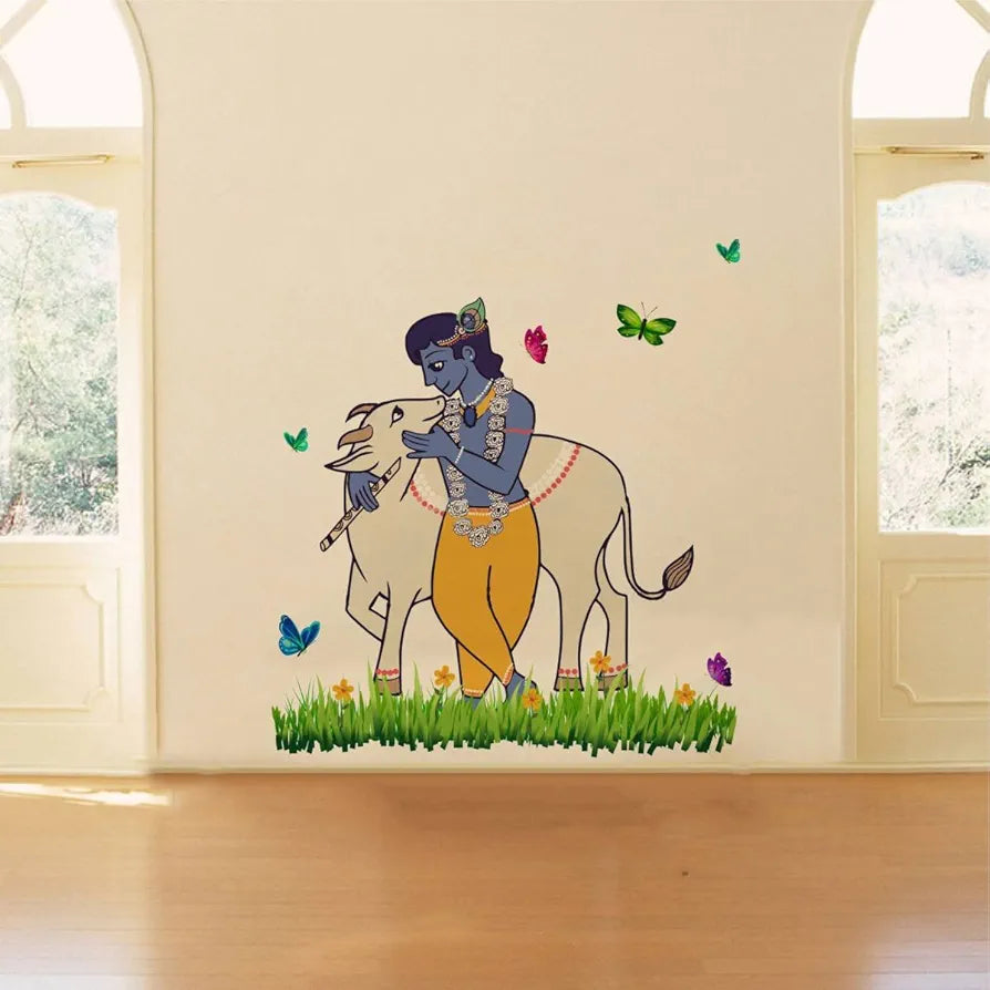 Rawpockets Lord Krishna and Cow Nature Wall Sticker -Self-Adhesive