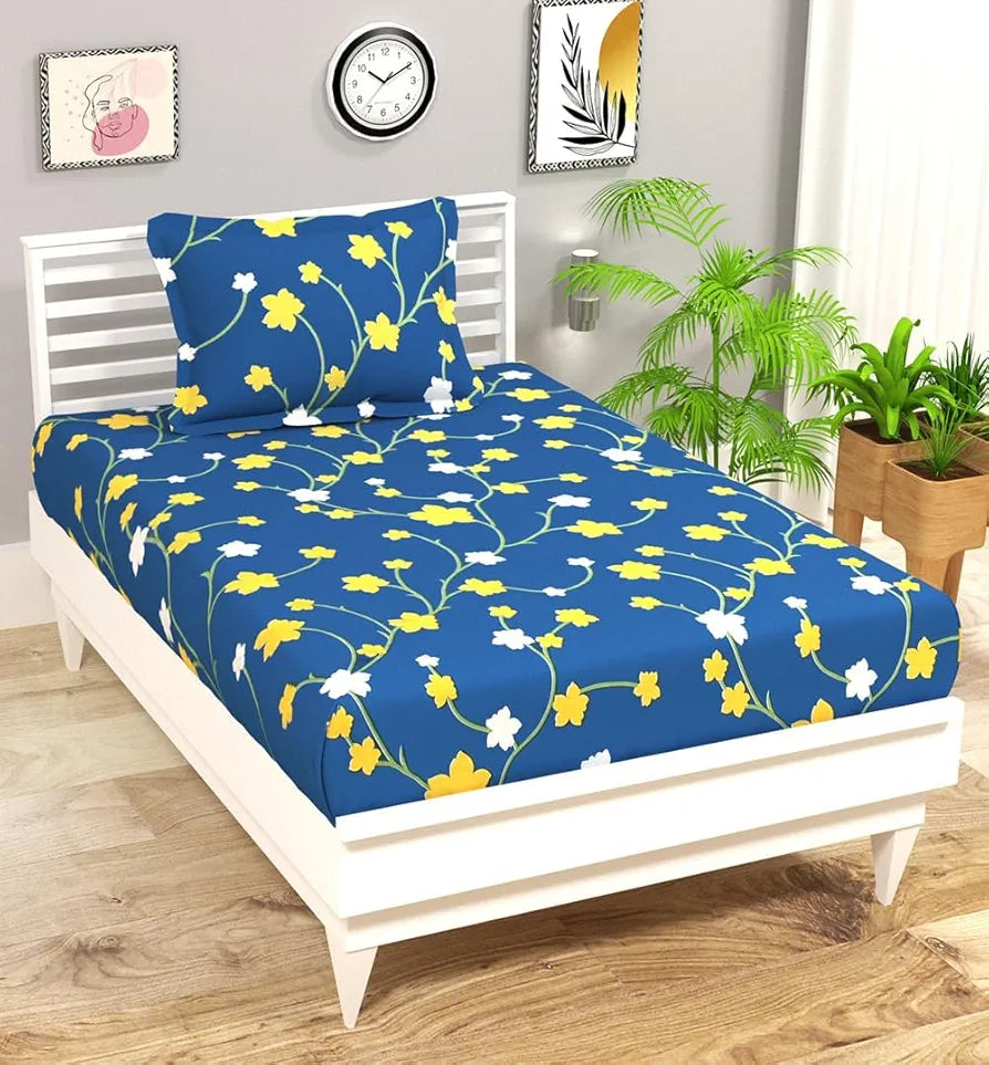 HomeKart Premium Microfiber 144 TC Flat Single Bedsheets Breathable with 1 Pillow Cover Dark Blue & Yellow