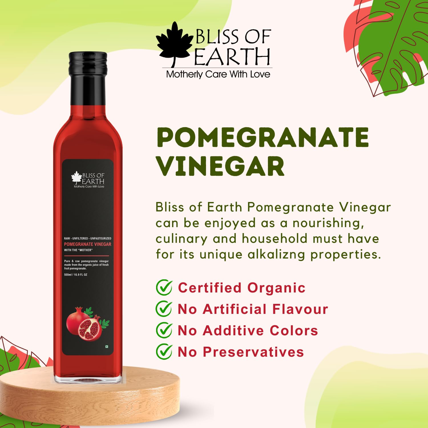 Bliss of Earth Raw Pomegranate Vinegar With Mother, Unfiltered Anar Ka Sirka For Cooking, Healhty Digestion & Metabolism, 500ml