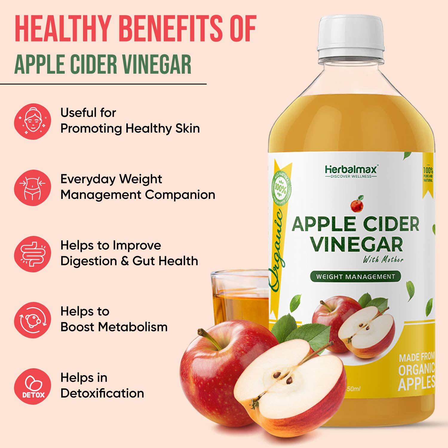 Herbal Max Unfiltered Apple Cider Vinegar with the Mother – 450mL | Raw & Unpasteurized | Supports Weight Management, Digestion & Bloating Relief
