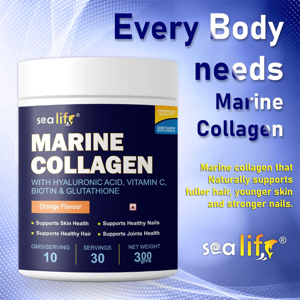 Sea life Marine Collagen Powder | Fish Collagen(300 GM) with Hyaluronic acid, Vitamin-C,Biotin & Glutathione for Hair, Nails, Skin, Muscle and Joints Health (Orange Flavour) Pack of-1