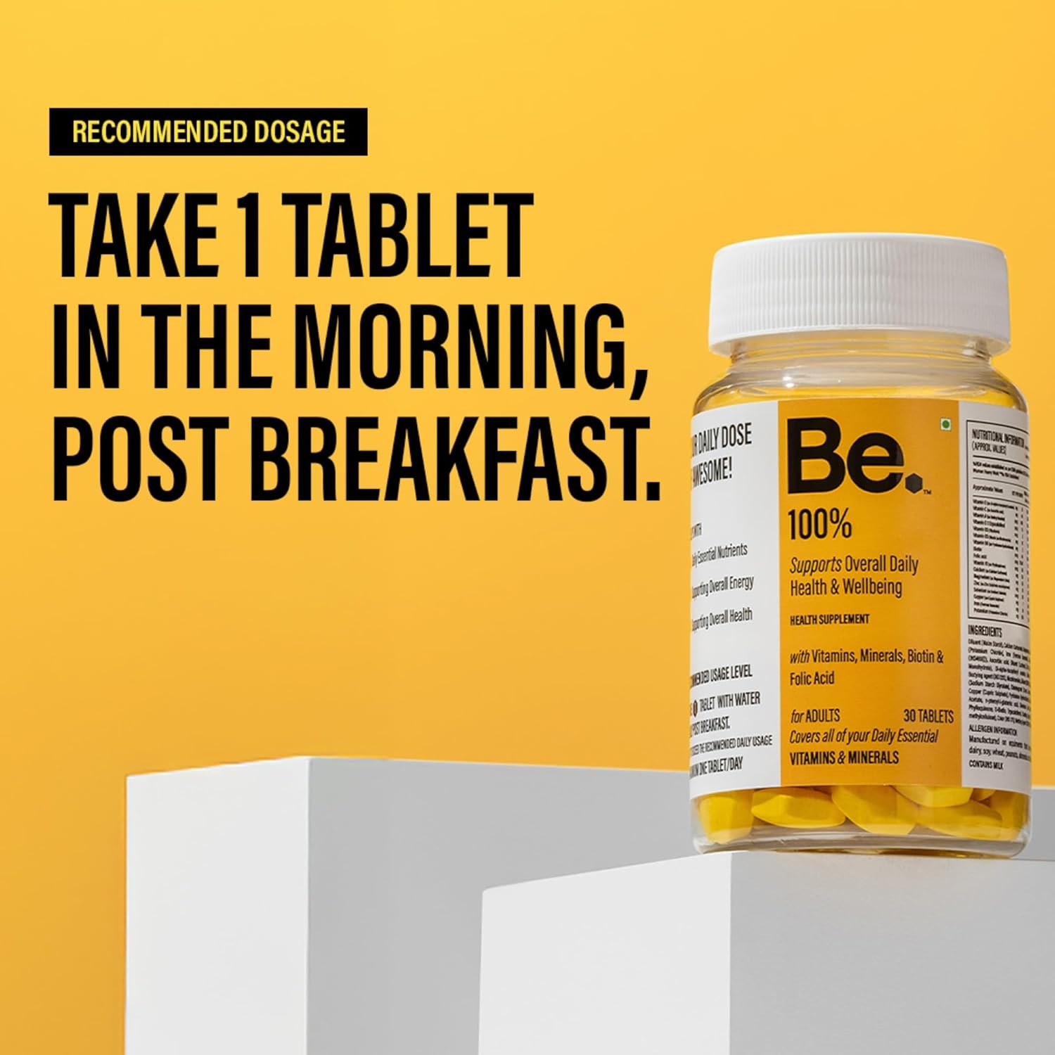 Be. 100% Daily Multivitamin Tablet for Men & Women | With Magnesium, Zinc, Biotin & Vitamin E | Everyday Multivitamin Tablets for Women & Men | Supports Energy, Immunity, Hair & Skin Care 30 Tablets