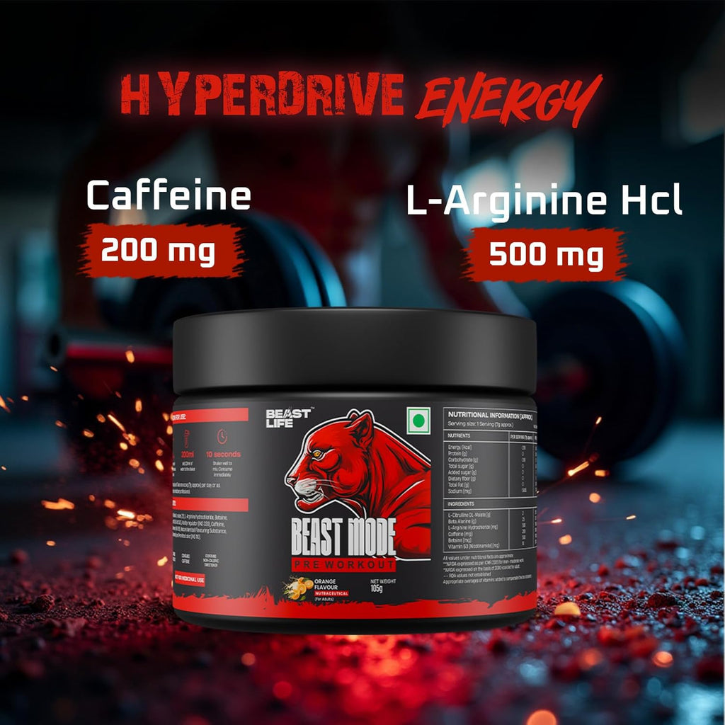 Beastlife Pre-Workout | 105 gm | Orange Flavor | Boosts Pump & Energy | Speeds Up Recovery | 2000 mg Citrulline | 2500 mg Beta-Alanine | 200 mg Caffeine | 500 mg Betaine