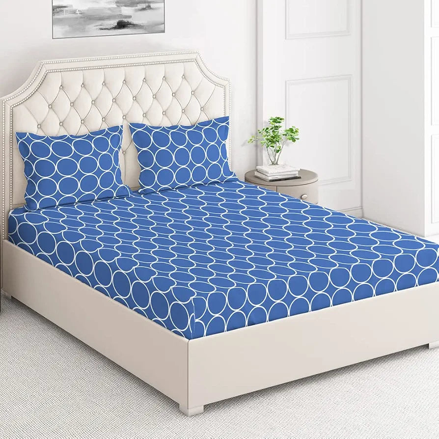 Layers Classic Cotton Bedsheet Set for All Seasons Lightweight 104 TC Queen Size Blue Circle Geometry Pattern