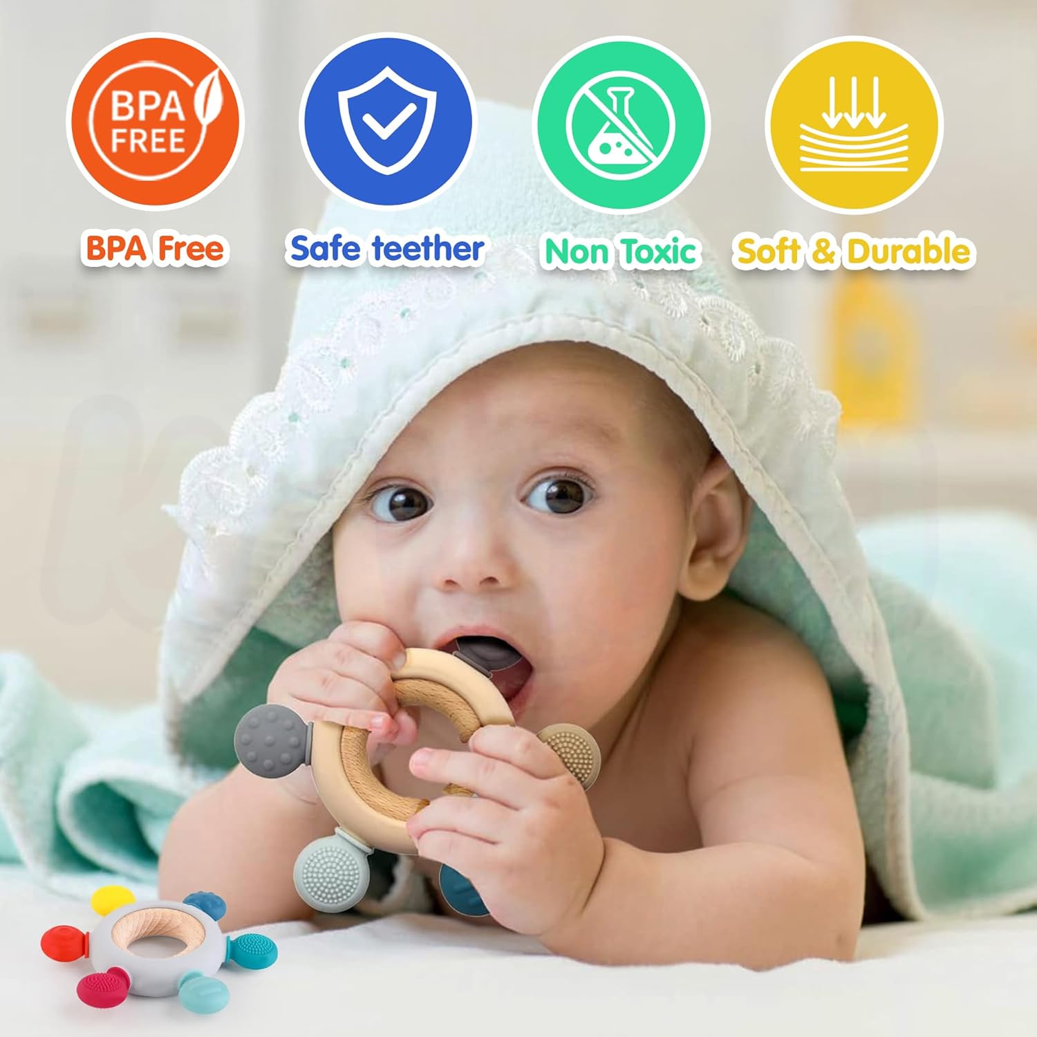 Kidology Wooden Baby Teether Ring 6-Point Silicone Chew Toy