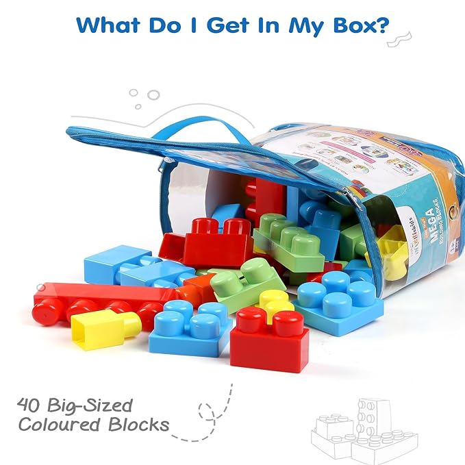 Firstcry Intelliskills Premium 40 Pcs Mega Building Blocks for Kids for 3 Years | Construction Block Set for Kids Fun Learning Educational Toy