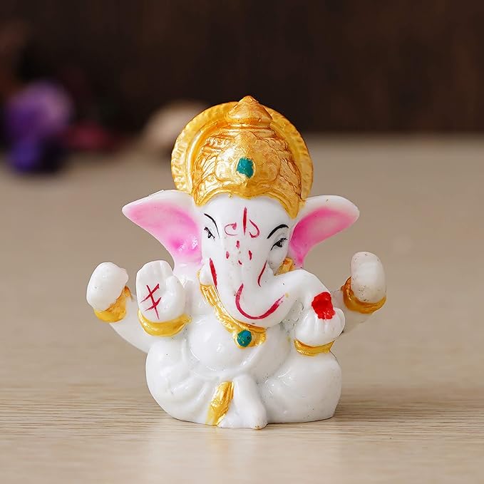 Ecraftindia White Resin Lord Ganesha Idol With Golden Mukut | Lord Ganesha Idol