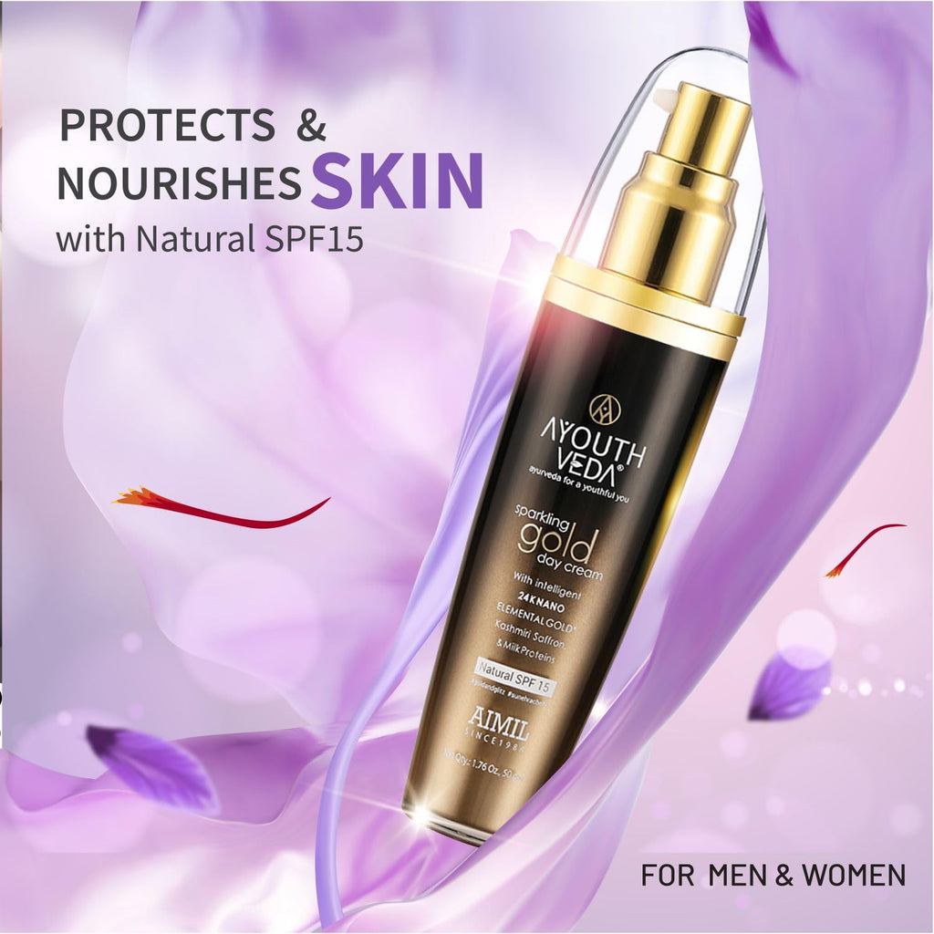 Ayouthveda Sparkling Gold Day Cream | 24K Nano Gold & Kashmiri Saffron | Anti-Ageing, Brightening & Blemish Reduction | Restores Skin Elasticity | Natural SPF Protection | For Dry to Normal Skin (50g (Pack of 1))