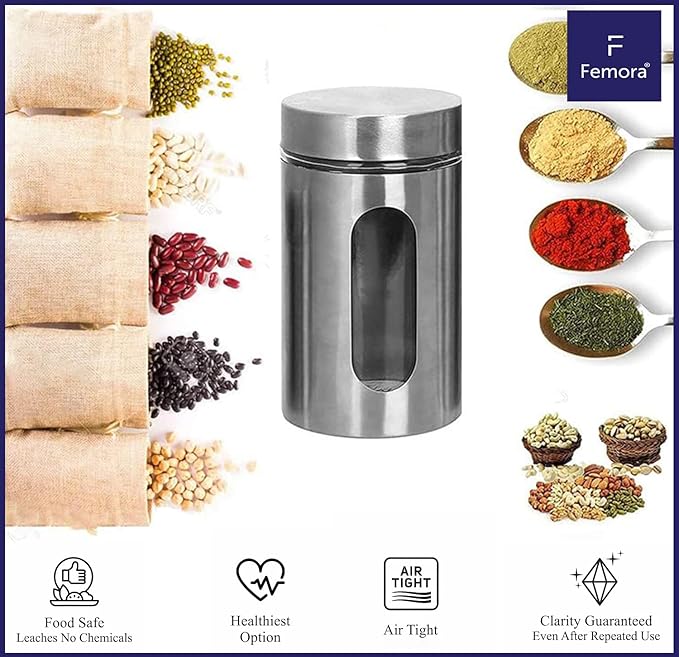 Femora Kitchen Storage Jars Steel Body With See Through Window Jar | 1000 Ml | Pack of 6