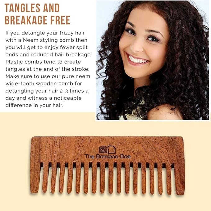 The Bamboo Bae Handmade Neem Wood Comb | Neem Comb for Detangling and Hair Growth | Shampoo Comb