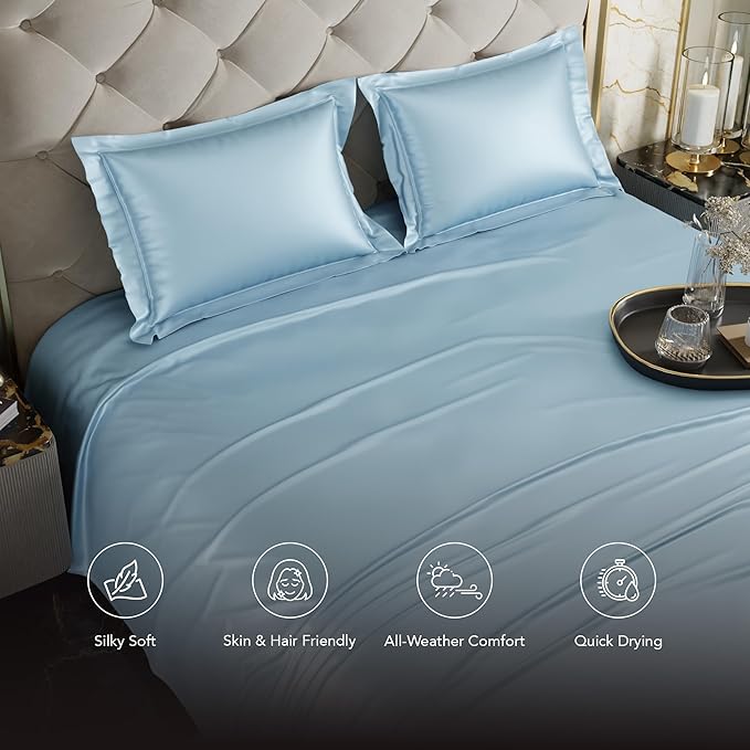 Stoa Paris Satin Bedsheets for Double Bed 300TC Premium Bedsheet with 2 Pillow Covers Colour Dreamy Blue