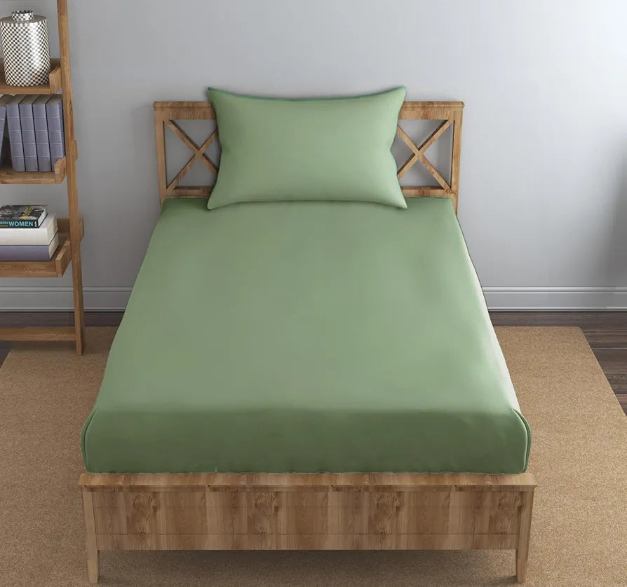 Trance Home Linen Premium 300 Tc Pure 100% Cotton Solid Single Size Fitted Bedsheet with 1 Pillow Cover Colour Moss Green