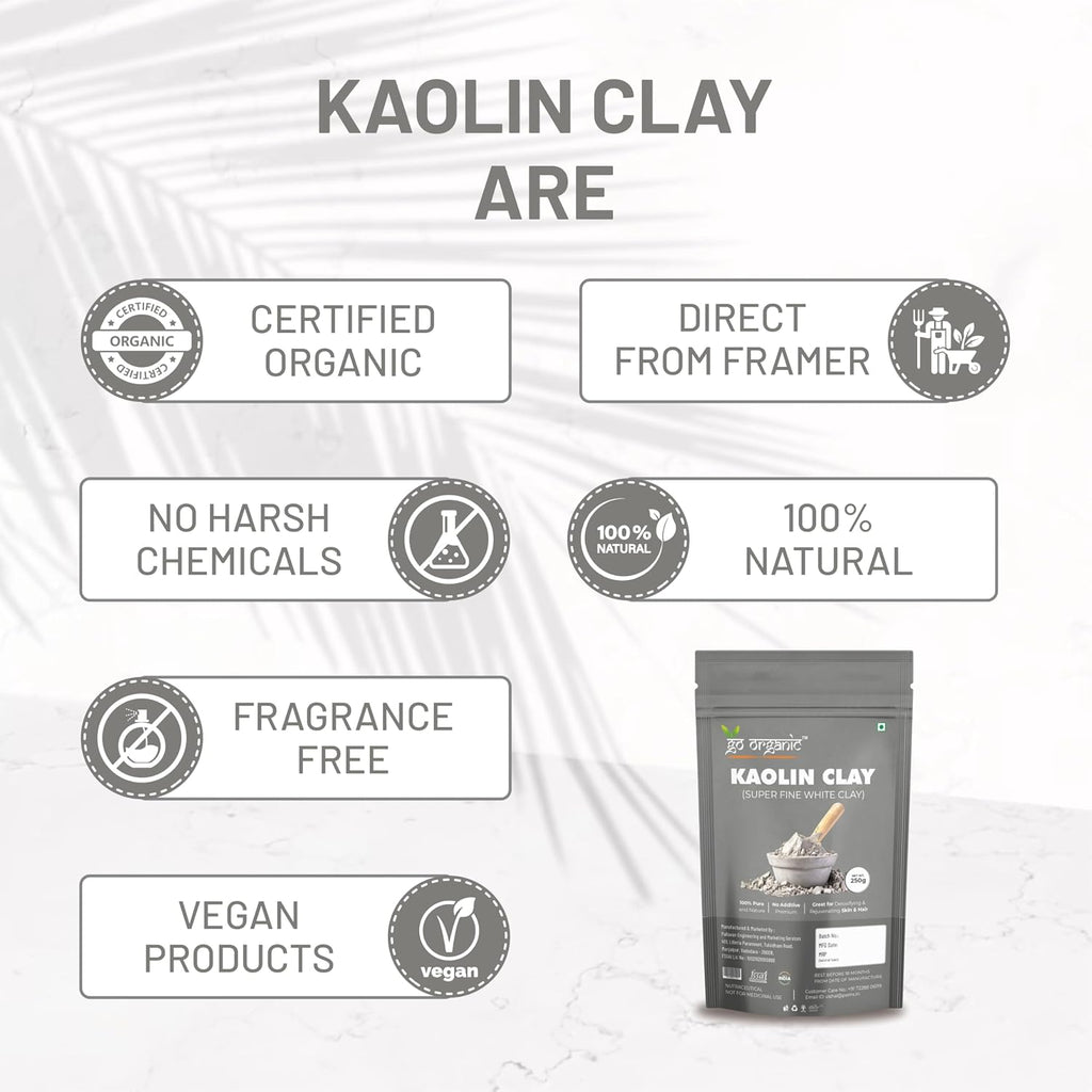Go Organic White Kaolin Clay Powder for Skin Face Mask, 250g, Natural Ingredients, Gentle Exfoliation, Deep Cleansing,China clay | White Clay | Vegan and Organic | Paraben free | Reduces Acne, De Tan & Blackheads | Fack Pack | Hair Pack |