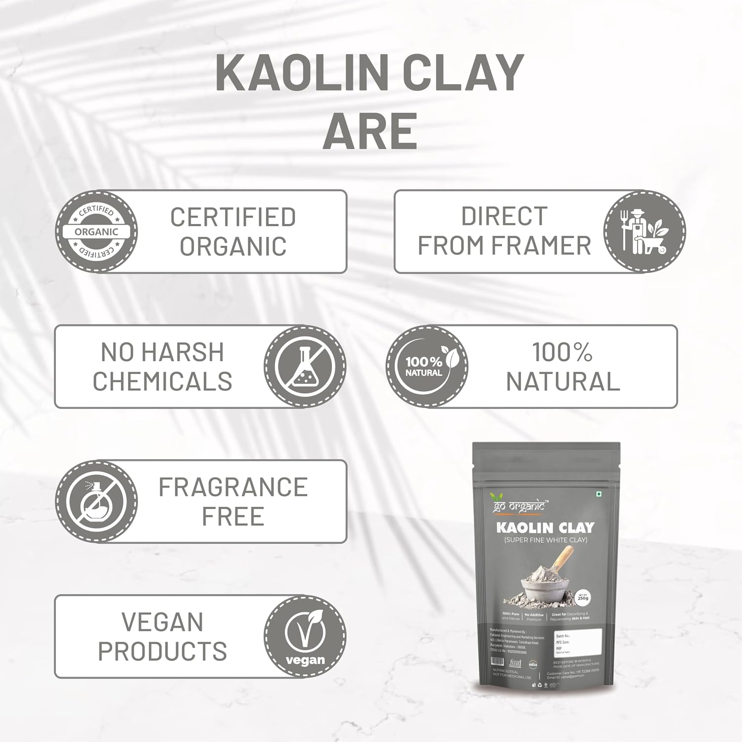 Go Organic White Kaolin Clay Powder for Skin Face Mask, 250g, Natural Ingredients, Gentle Exfoliation, Deep Cleansing,China clay | White Clay | Vegan and Organic | Paraben free | Reduces Acne, De Tan & Blackheads | Fack Pack | Hair Pack |