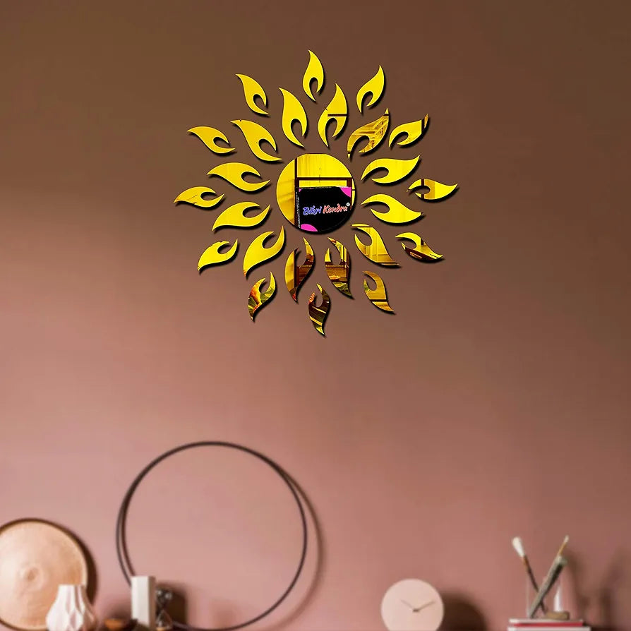 Bikri Kendra Sun Golden with 24 Square 3D Mirror Acrylic Wall Stickers