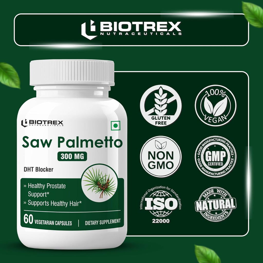 Biotrex Nutraceuticals Saw Palmetto 300mg | Prostate Health & Urinary Support | Hair Growth | DHT Blocker | Advanced Natural Source Supplement With 45% Fatty Acids | 60 Veg Capsules