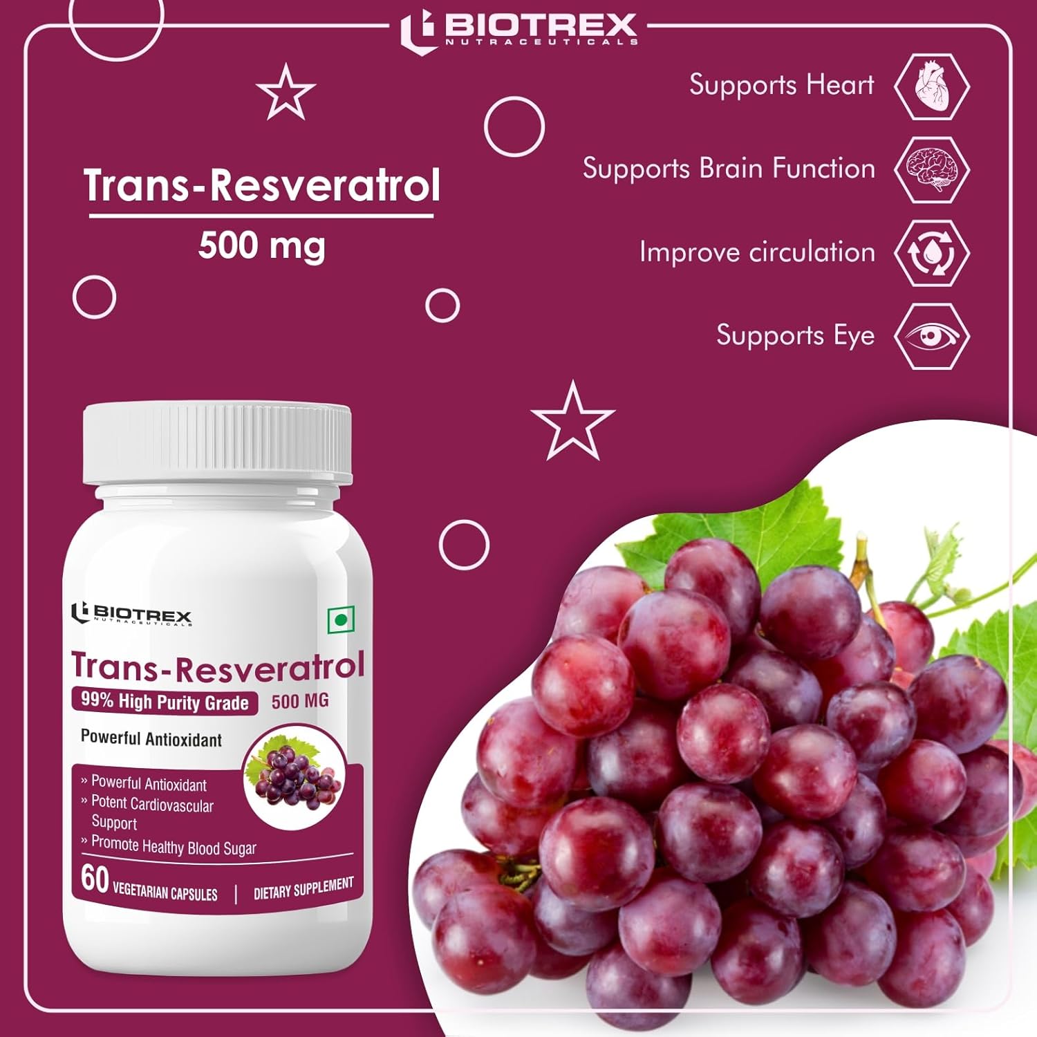 Biotrex Nutraceuticals Trans Resveratrol 500mg | 99% High Purity Grade | Grape Skin Extract | Supports Blood Sugar Levels & Healthy Heart | 60 Veg Capsules