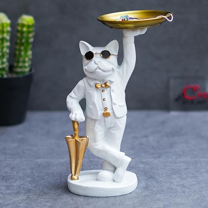 Ecraftindia White Bulldog Statue in Glasses Holding Golden Umbrella and Tray in Hands Table Top Decorative Showpiece