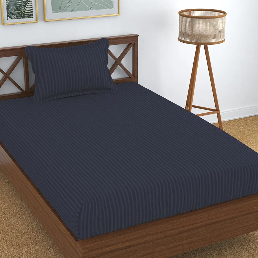 Homefab India 160 TC Stripe Glace Cotton Single BedSheet with 1 Pillow Cover Grey