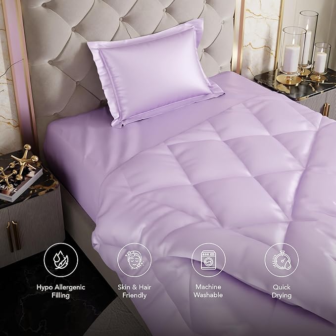 Stoa Paris Satin Comforter Single Bed with 300 TC One Pillow Cover Colour Lilac Affair
