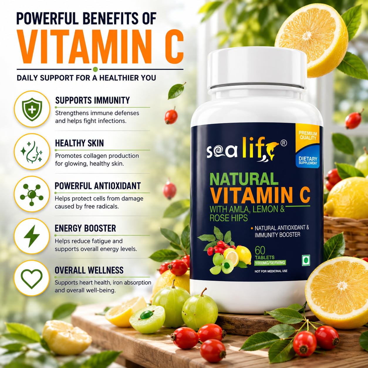 Sea Life Natural Vitamin C 1000 mg (60 Veg Tablets) sourced from 100% Natural Amla, Lemon & Rose Hips Extracts | Promotes Glowing Skin | Immunity Booster & Antioxidant | _Parent (Pack of-1)