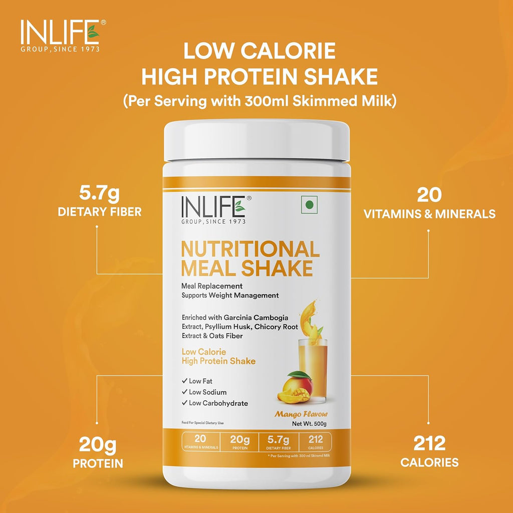 INLIFE Meal Replacement Shake | Nutritional Meal Protein Shake | Sugar Free, 20g Protein, 5g Fiber, 207 Calories, 500g (Mango)