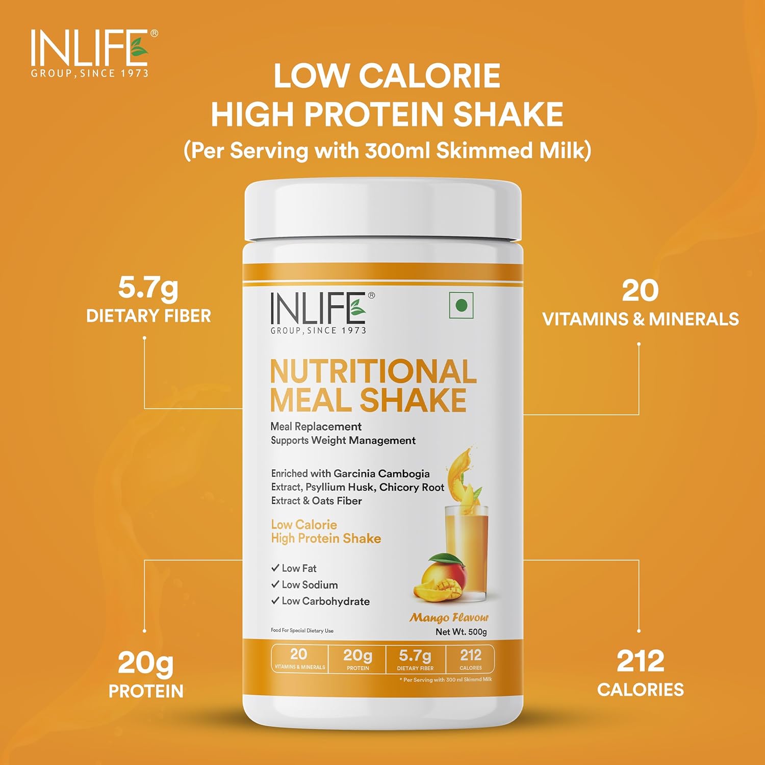 INLIFE Meal Replacement Shake | Nutritional Meal Protein Shake | Sugar Free, 20g Protein, 5g Fiber, 207 Calories, 500g (Mango)