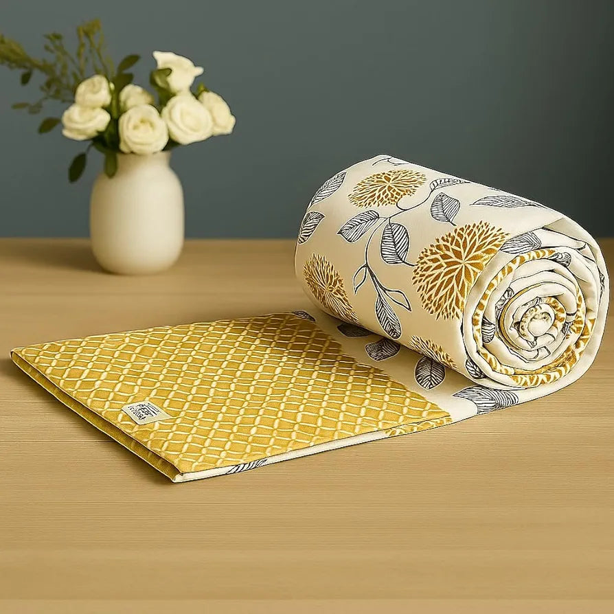 Trance Home Linen Premium Dohar Single Bed 100% Cotton Reversible 150 GSM Ac Blanket Comforter Light Weight Colour Yellow White Floral Abstract